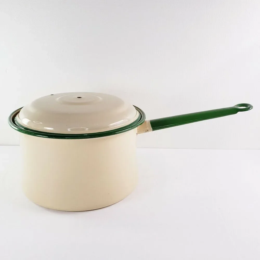 Vtg Cream & Green Enamel Sauce Pan Stock Pot w/ Lid Primitive Camping Rustic